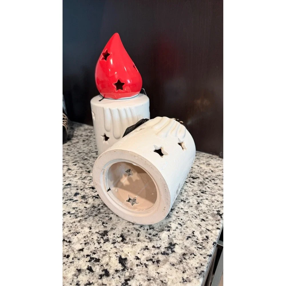 Handcrafted Ceramic Star‎ Cutout Candle Holders Set of 2 Red Gold Vietnam Decor